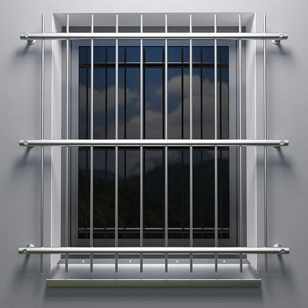 Fenstergitter aus Edelstahl vor der Fensterlaibung Fenstergitter aus Edelstahl vor der Fensterlaibung