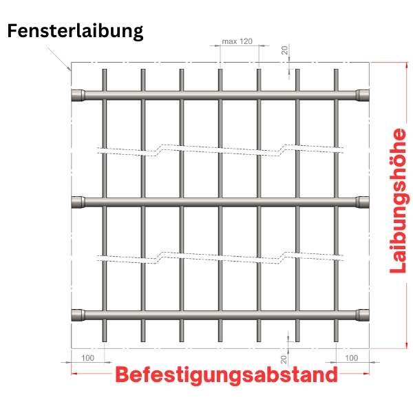 Maßangabe, Fenstergitter in der Laibung