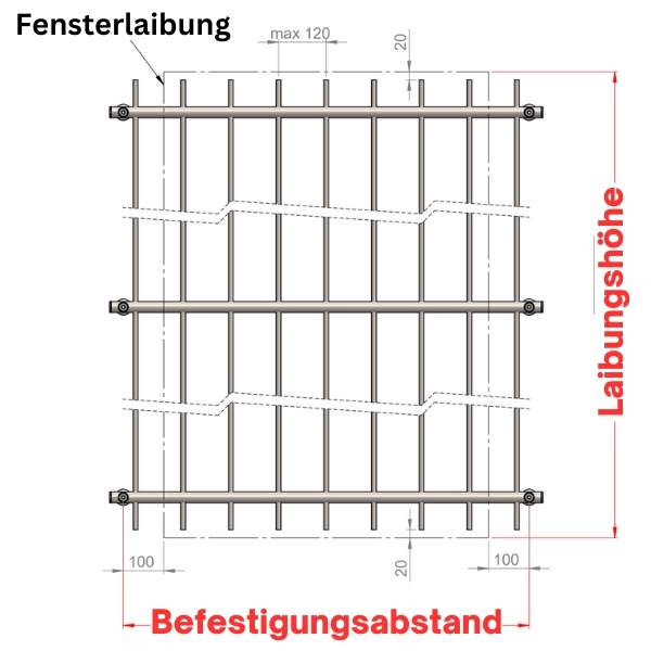 Maßangabe, Fenstergitter vor der Laibung